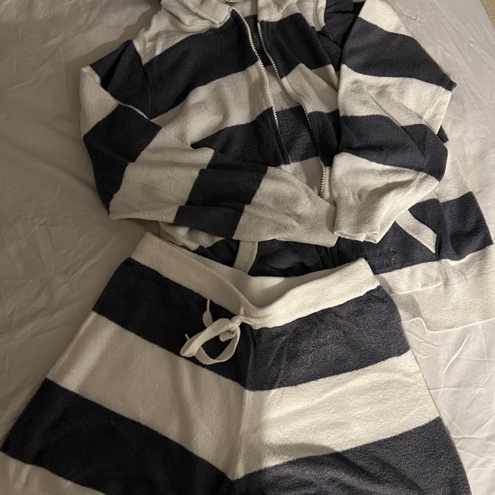 Gelato Pique Striped Zip Hoodie Set in Dark Gray & White